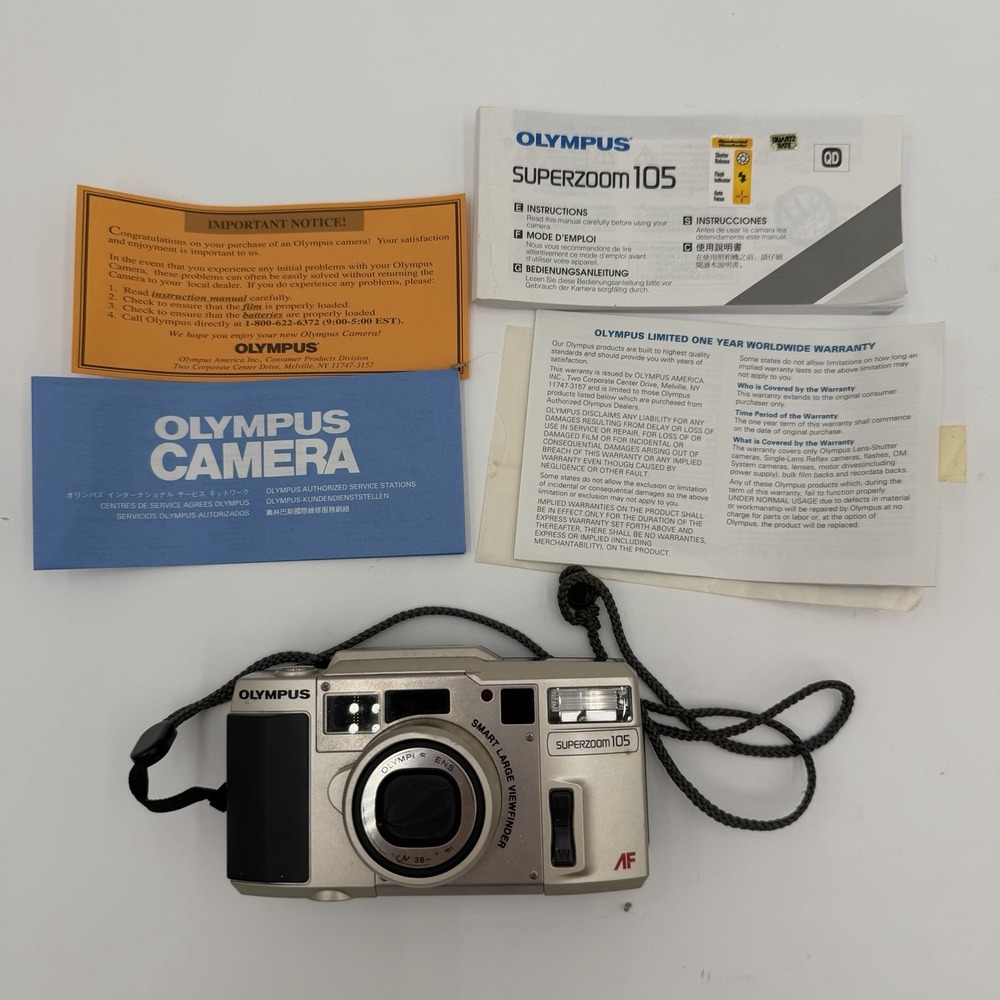 Olympus SuperZoom 105 35 Mm Point & Shoot Film Camera With Box Manual Untested